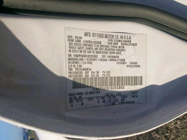 1FAFP56SX1G252803 - 2001 FORD TAURUS SEL WHITE photo 10