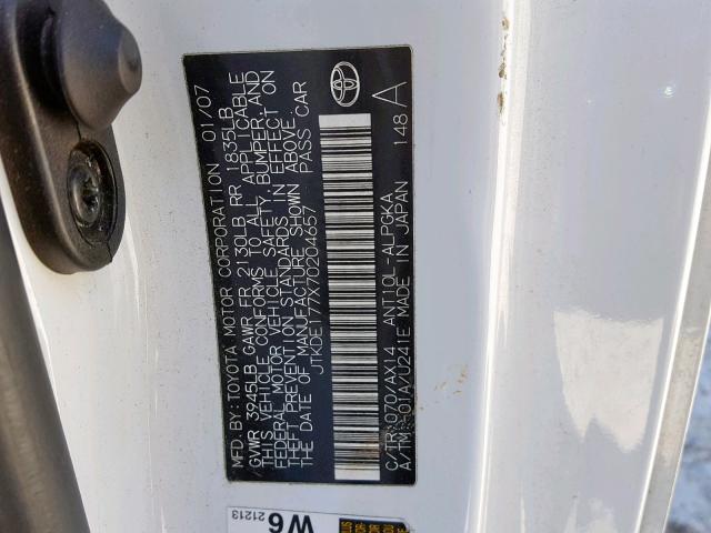 JTKDE177X70204657 - 2007 TOYOTA SCION TC თეთრი ფოტო 10