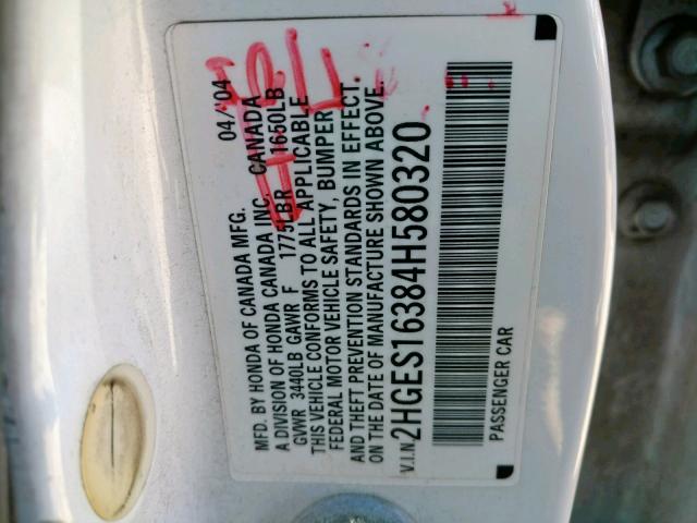 2HGES16384H580320 - 2004 HONDA CIVIC DX V WHITE photo 10