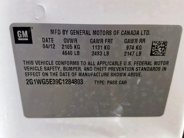 2G1WG5E39C1284803 - 2012 CHEVROLET IMPALA LT WHITE photo 10