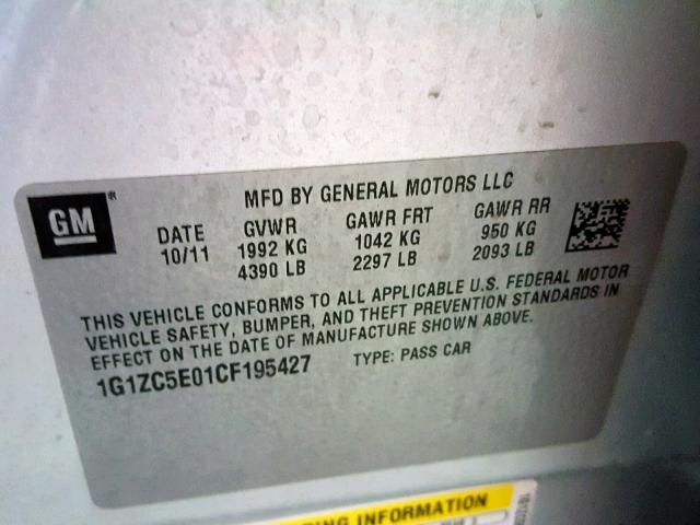 1G1ZC5E01CF195427 - 2012 CHEVROLET MALIBU 1LT SILVER photo 10