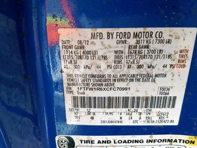 1FTFW1R6XCFC70991 - 2012 FORD F150 SVT R BLUE photo 10