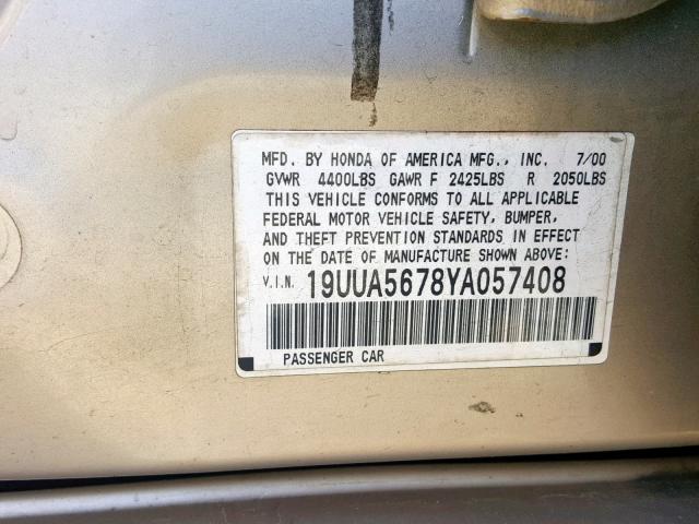 19UUA5678YA057408 - 2000 ACURA 3.2TL GOLD photo 10