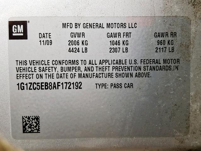 1G1ZC5EB8AF172192 - 2010 CHEVROLET MALIBU 1LT 银色 照片 10