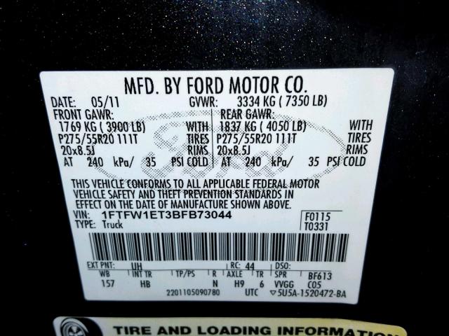 1FTFW1ET3BFB73044 - 2011 FORD F150 SUPER BLACK photo 10