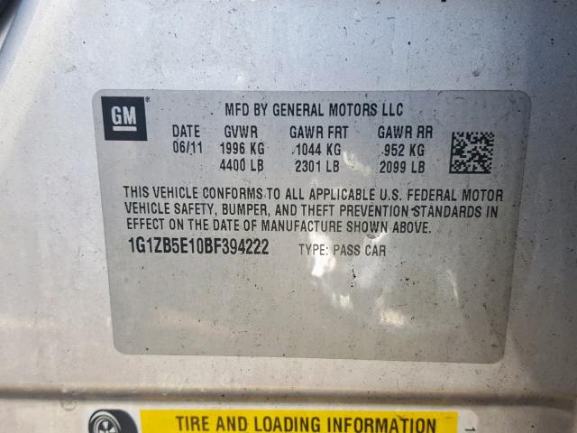 1G1ZB5E10BF394222 - 2011 CHEVROLET MALIBU LS ნაცრისფერი ფოტო 10