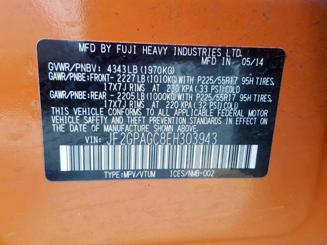 JF2GPAGC8EH303943 - 2014 SUBARU XV CROSSTR ORANGE photo 10