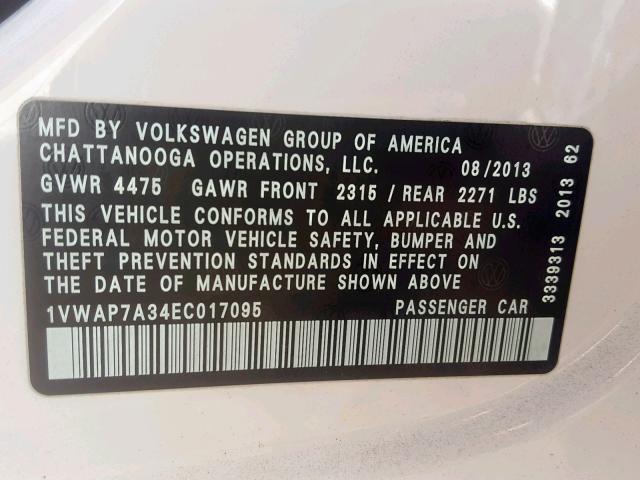 1VWAP7A34EC017095 - 2014 VOLKSWAGEN PASSAT S WHITE photo 10