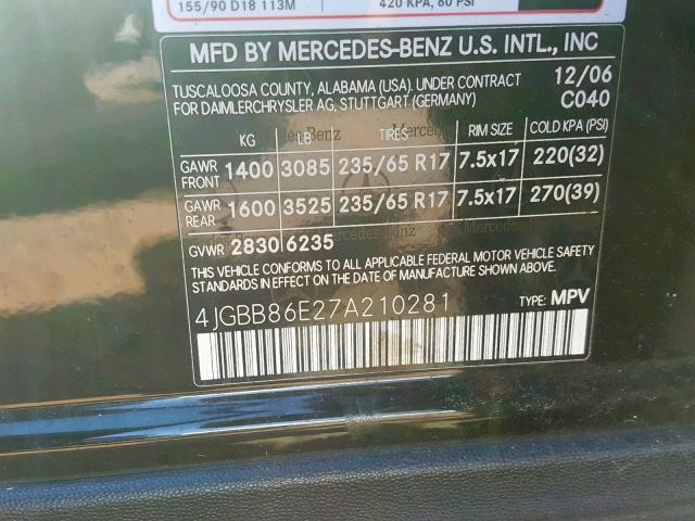 4JGBB86E27A210281 - 2007 MERCEDES-BENZ ML 350 BLACK photo 10