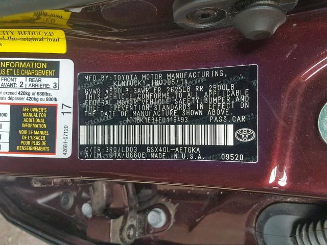 4T1BK1EB4EU116493 - 2014 TOYOTA AVALON XLE BURGUNDY photo 10
