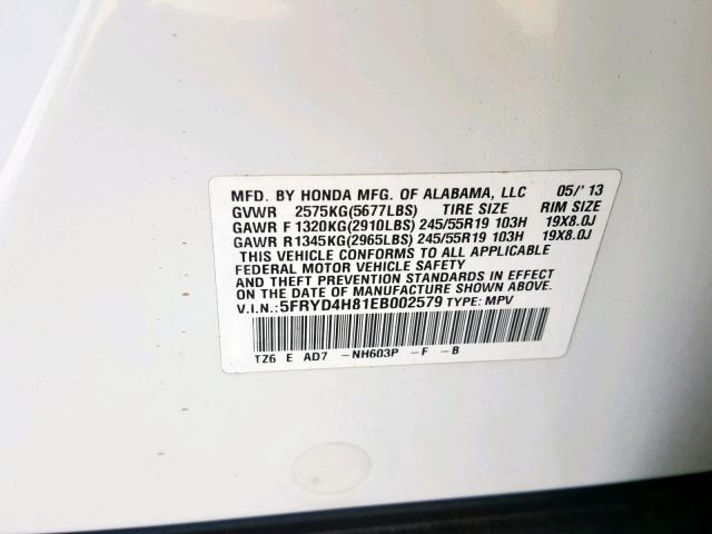 5FRYD4H81EB002579 - 2014 ACURA MDX ADVANC WHITE photo 10