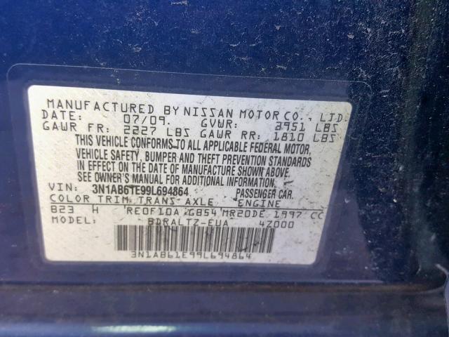 3N1AB61E99L694864 - 2009 NISSAN SENTRA 2.0 BLUE photo 10