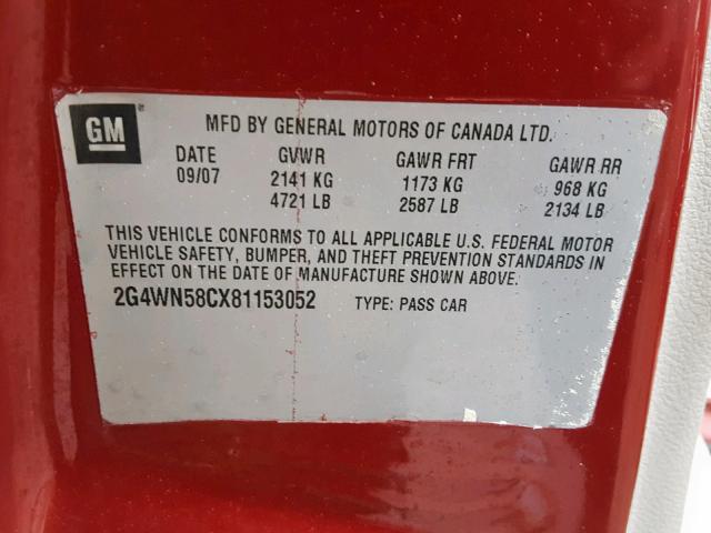 2G4WN58CX81153052 - 2008 BUICK LACROSSE S RED photo 10