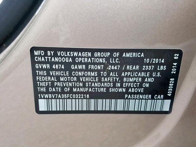 1VWBV7A35FC032216 - 2015 VOLKSWAGEN PASSAT SE GOLD photo 10