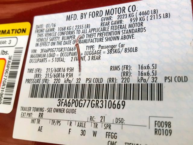 3FA6P0G77GR310669 - 2016 FORD FUSION S RED photo 10