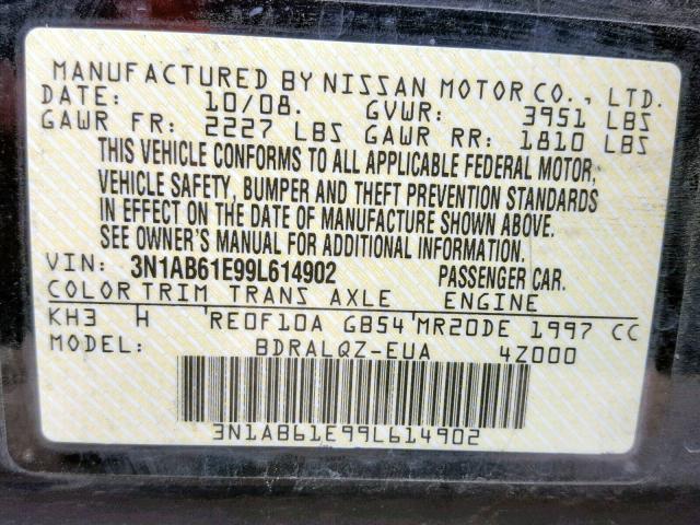 3N1AB61E99L614902 - 2009 NISSAN SENTRA 2.0 BLACK photo 10