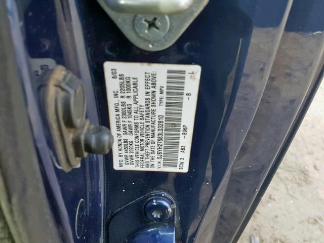 5J6YH27683L032810 - 2003 HONDA ELEMENT EX BLUE photo 10