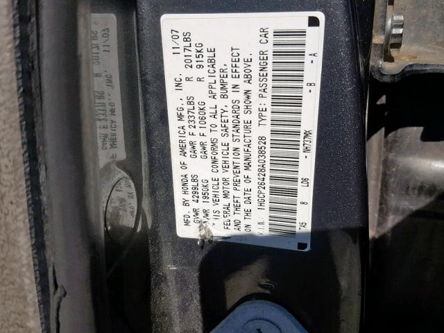 1HGCP26428A038528 - 2008 HONDA ACCORD LXP GRAY photo 10