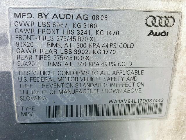 WA1AV94L17D037442 - 2007 AUDI Q7 4.2 QUA SILVER photo 10