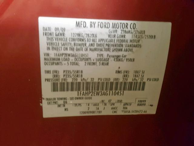 1FAHP2EW3AG110451 - 2010 FORD TAURUS SEL RED photo 10