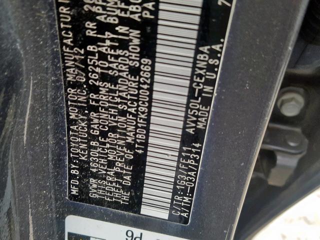 4T1BD1FK9CU042669 - 2012 TOYOTA CAMRY HYBR GRAY photo 10