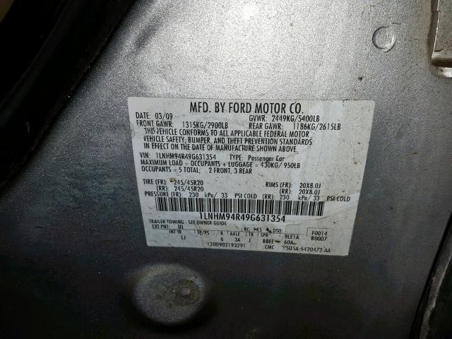 1LNHM94R49G631354 - 2009 LINCOLN MKS SILVER photo 10