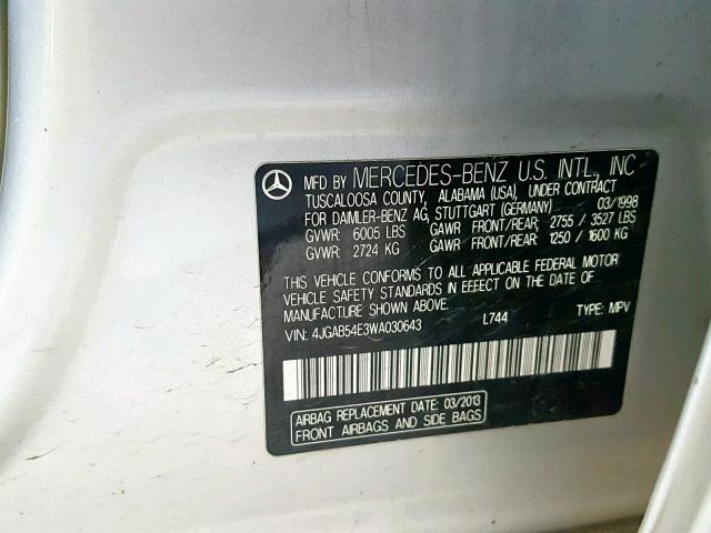 4JGAB54E3WA030643 - 1998 MERCEDES-BENZ ML 320 SILVER photo 10