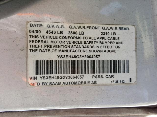 YS3EH48G3Y3064057 - 2000 SAAB 9-5 AERO SILVER photo 10