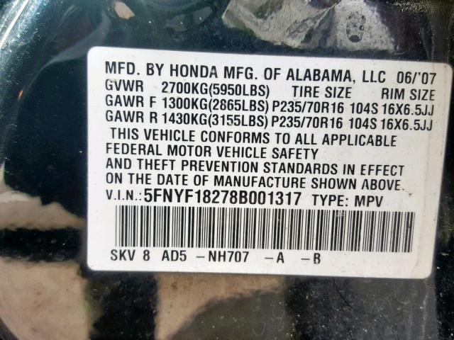 5FNYF18278B001317 - 2008 HONDA PILOT VP BLACK photo 10