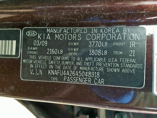 KNAFU4A26A5048318 - 2010 KIA FORTE EX MAROON photo 10