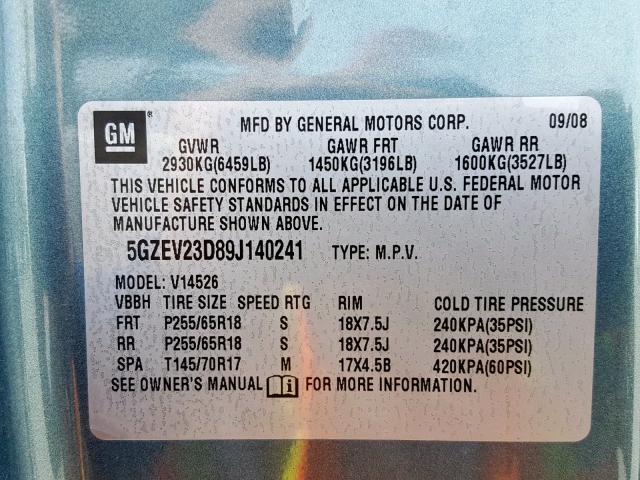 5GZEV23D89J140241 - 2009 SATURN OUTLOOK XR მწვანე ფოტო 10