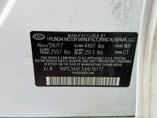 5NPE34AF3JH676177 - 2018 HYUNDAI SONATA SPO WHITE photo 10