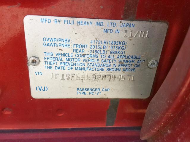 JF1SF65632H749571 - 2002 SUBARU FORESTER S Qırmızı foto 10
