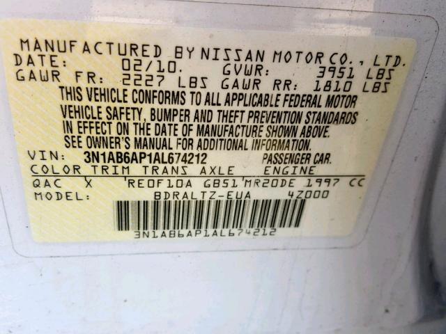 3N1AB6AP1AL674212 - 2010 NISSAN SENTRA 2.0 WHITE photo 10