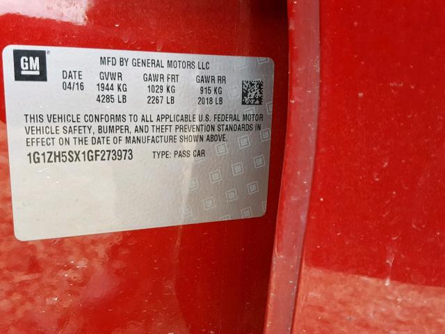 1G1ZH5SX1GF273973 - 2016 CHEVROLET MALIBU PRE წითელი ფოტო 10