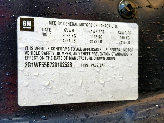 2G1WF55E729192528 - 2002 CHEVROLET IMPALA BLUE photo 10