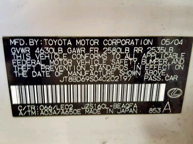 JT8BD69S040202197 - 2004 LEXUS GS 300 CREAM photo 10