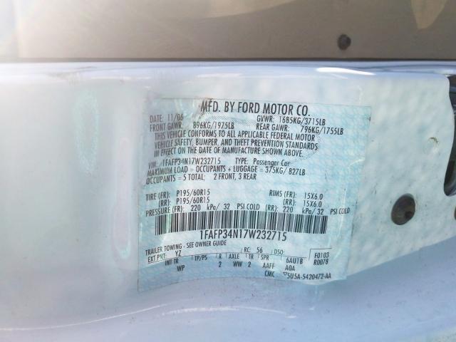 1FAFP34N17W232715 - 2007 FORD FOCUS ZX4  photo 10