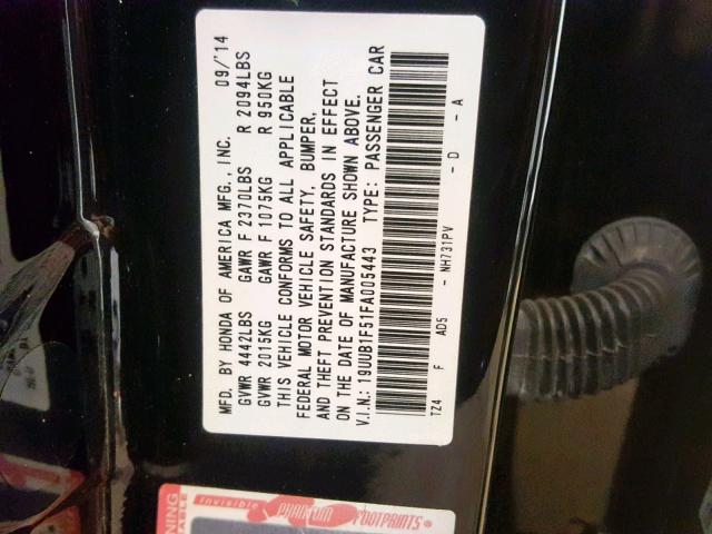 19UUB1F51FA005443 - 2015 ACURA TLX TECH შავი ფოტო 10