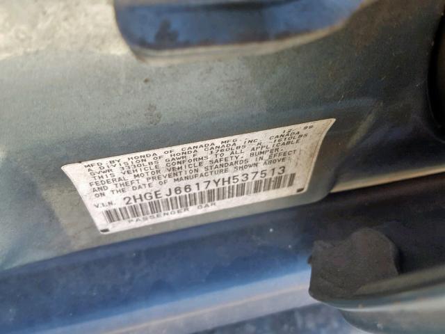 2HGEJ6617YH537513 - 2000 HONDA CIVIC BASE 青色 照片 10