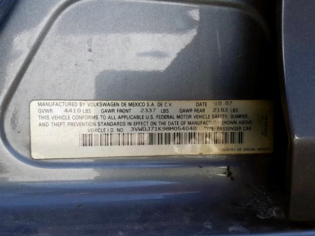 3VWDJ71K98M054040 - 2008 VOLKSWAGEN GLI ნაცრისფერი ფოტო 10