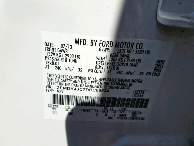 2FMDK4JC7DBC68524 - 2013 FORD EDGE SEL WHITE photo 10