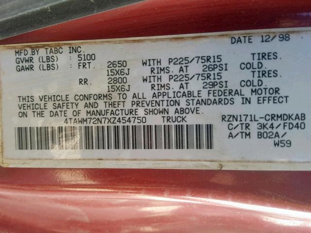 4TAWM72N7XZ454750 - 1999 TOYOTA TACOMA XTR 红色 照片 10