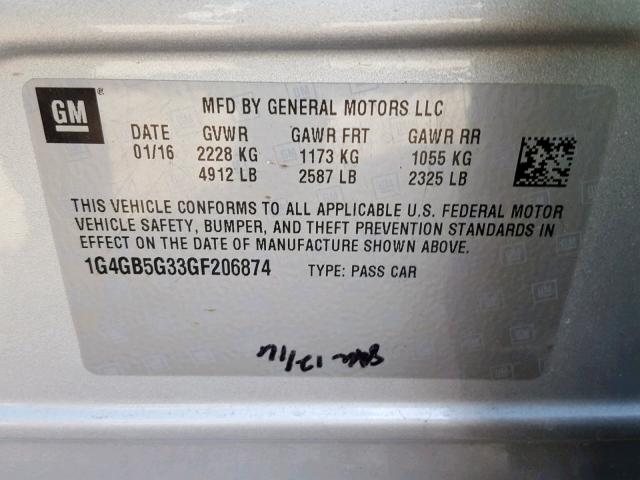 1G4GB5G33GF206874 - 2016 BUICK LACROSSE SILVER photo 10