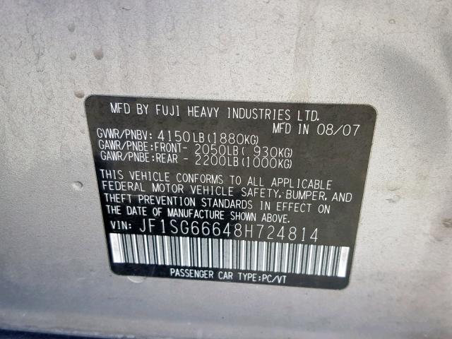 JF1SG66648H724814 - 2008 SUBARU FORESTER S SILVER photo 10