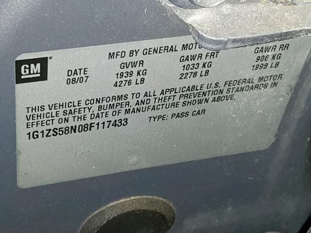 1G1ZS58N08F117433 - 2008 CHEVROLET MALIBU LS CHARCOAL photo 10