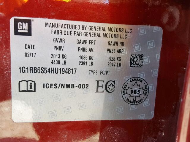 1G1RB6S54HU194817 - 2017 CHEVROLET VOLT PREMI RED photo 10