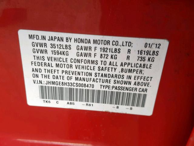 JHMGE8H33CS008470 - 2012 HONDA FIT RED photo 10