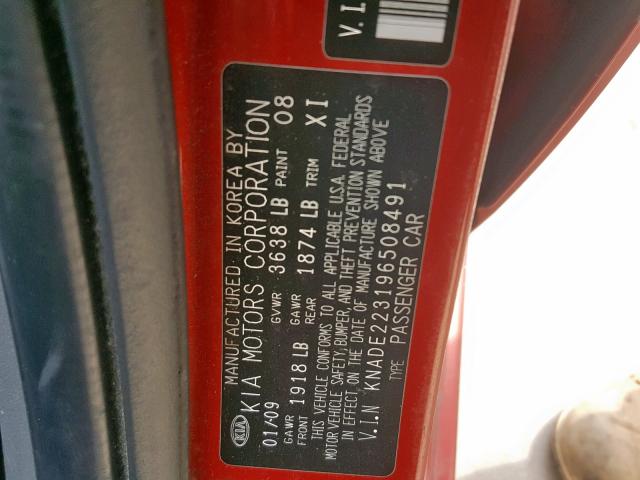 KNADE223196508491 - 2009 KIA RIO BASE RED photo 10