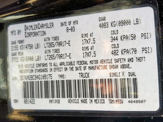 3D7KA28C94G109175 - 2004 DODGE RAM 2500 S შავი ფოტო 10